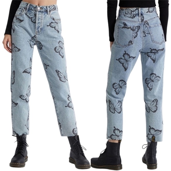 PacSun Denim - PACSUN Eco Butterfly High Rise Straight Button Fly Raw Hem Distressed Sz 25